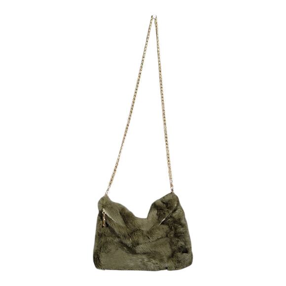 Faux Fur Shoulder Crossbody Bag with Gold Tone Chain Strap Winter Cozy Green - Picture 6 of 11
